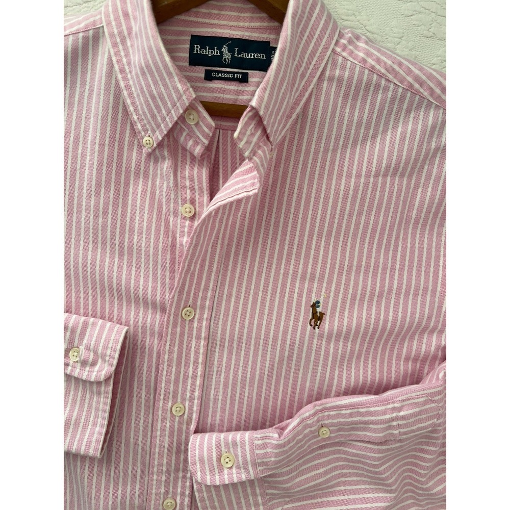 Polo Ralph Lauren Men's Size Large Classic Fit Striped Oxford Shirt Pink White
